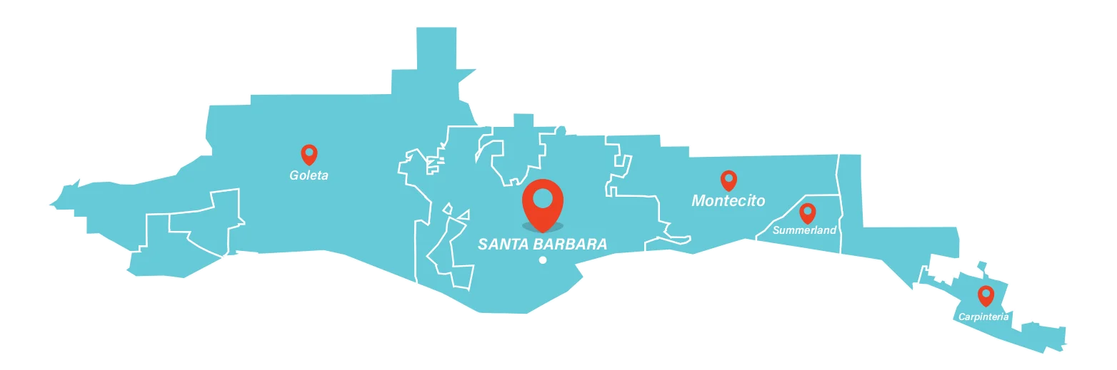 Stylized map highlighting Santa Barbara, Goleta, Montecito, Summerland, and Carpinteria as service areas