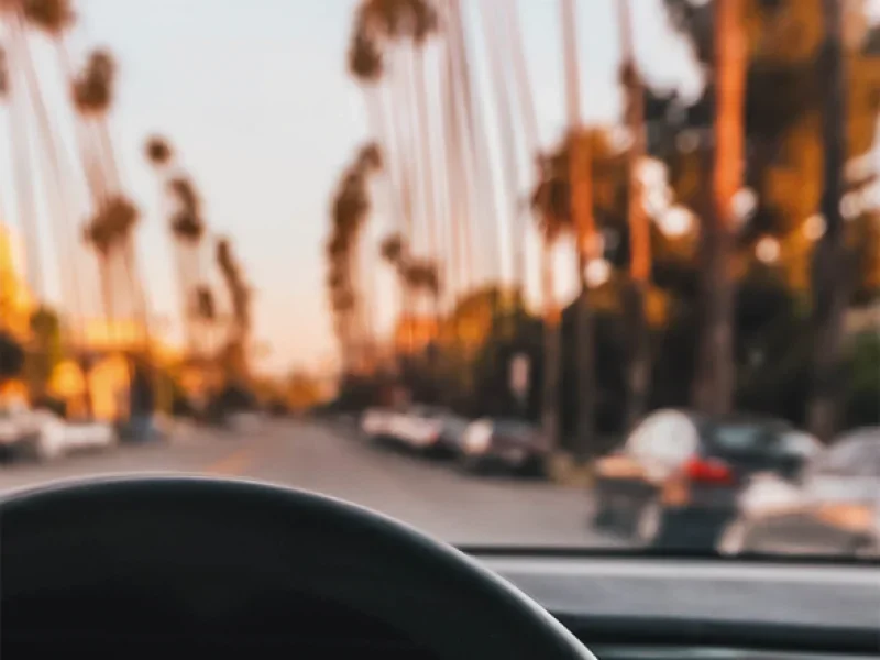 Driver’s view through car windshield with palm trees in Santa Barbara